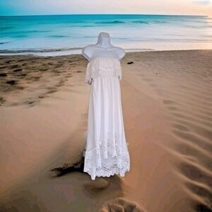 Solitaire Swim Cover Up Size L White Boho Lace Strapless Lined Hi Lo Hem Smocked